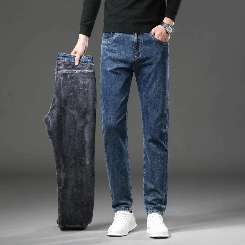 Men Winter Fleece Warm Jeans Brand 2024 Fashion Business Pants Retro Classic Denim Trousers Casual Stretch Slim Jeans Men