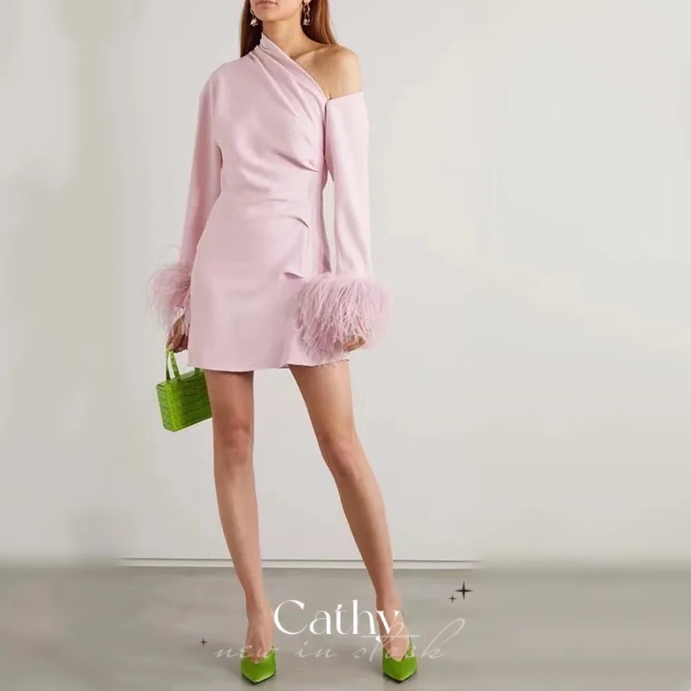 

Cathy Grace Long Sleeve Party Dress Elegant Light Pink Evening Dresses Feather Sleeve Vestidos De Noche Sexy Mini Prom Dress