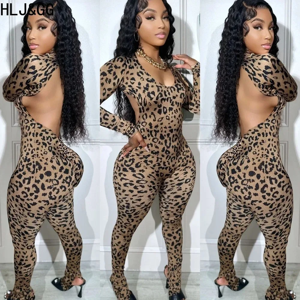 

HLJ&GG Sexy Backless Lace Up Leopard Bodycon Jumpsuits Women O Neck Long Sleeve Skinny Pants One Piece Playsuits Fashion Overall