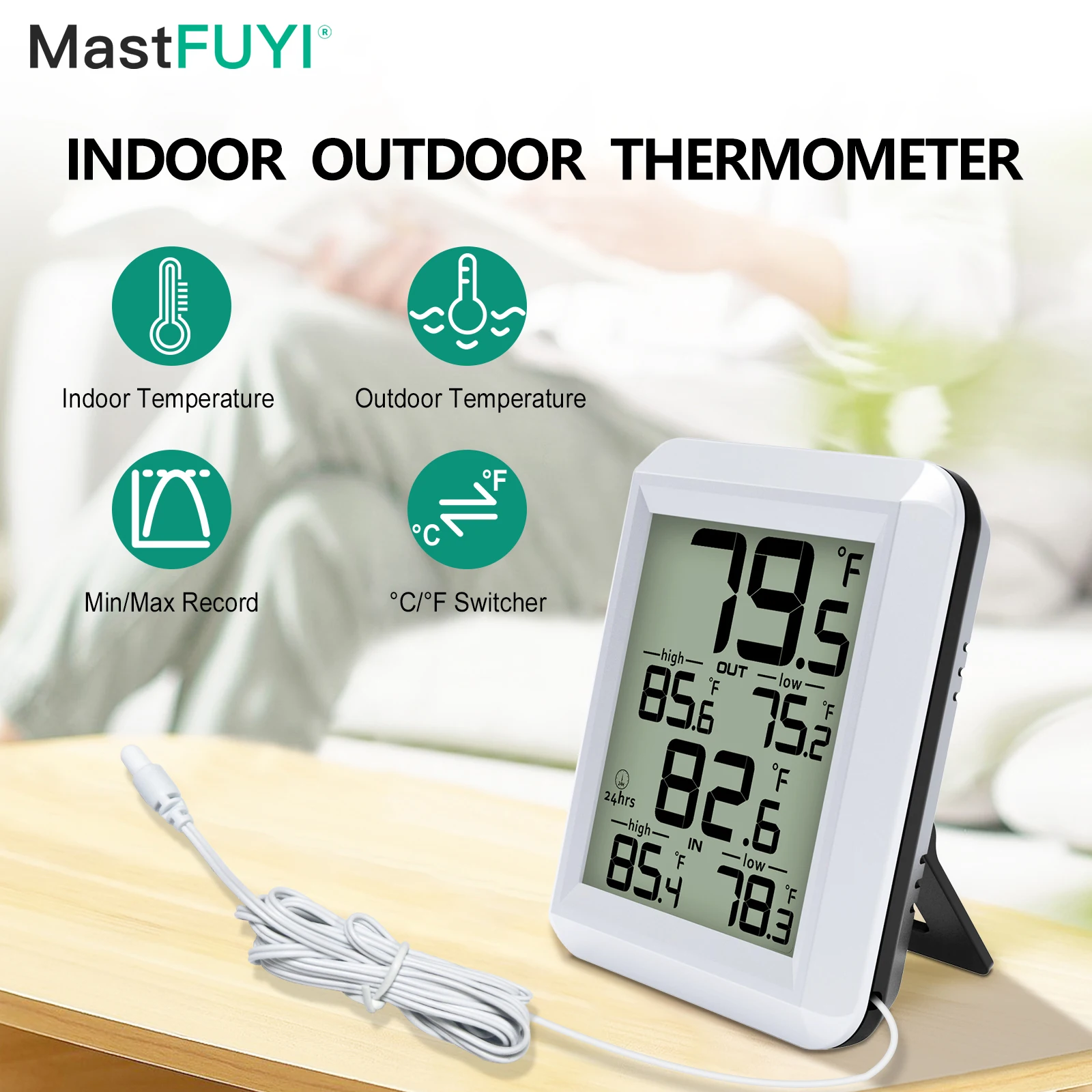 MASTFUYI LCD Digital Temperature Humidity Meter Home Indoor Outdoor Thermometer with Min/Max Record Mini Weather Station