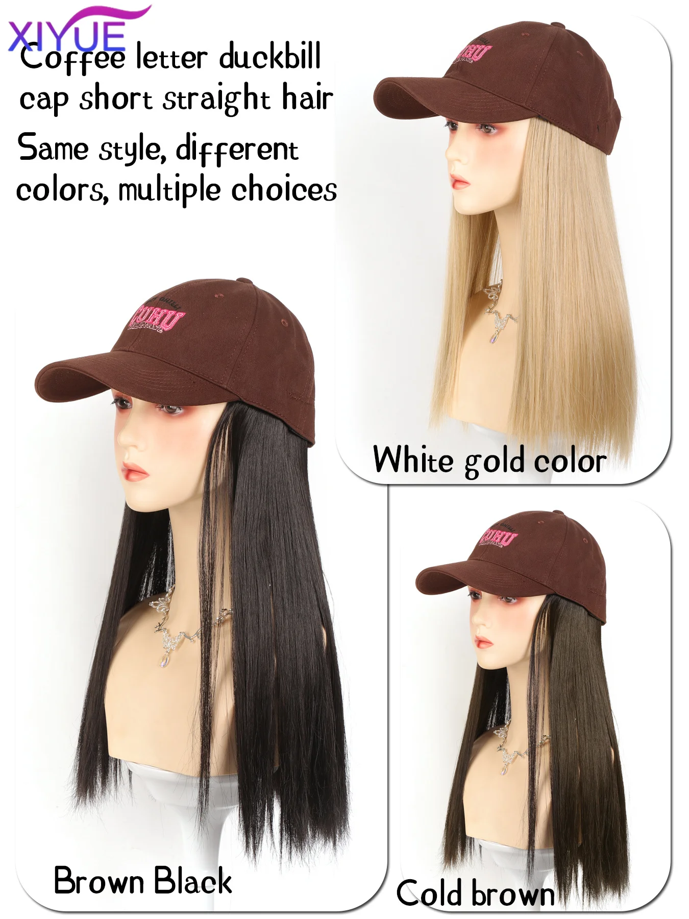 XIYUE 35Inch Long Straight Synthetic Wig Baseball Cap Hair Extensions Hat Wigs Black Brown Adjustable Hairpiece for Women