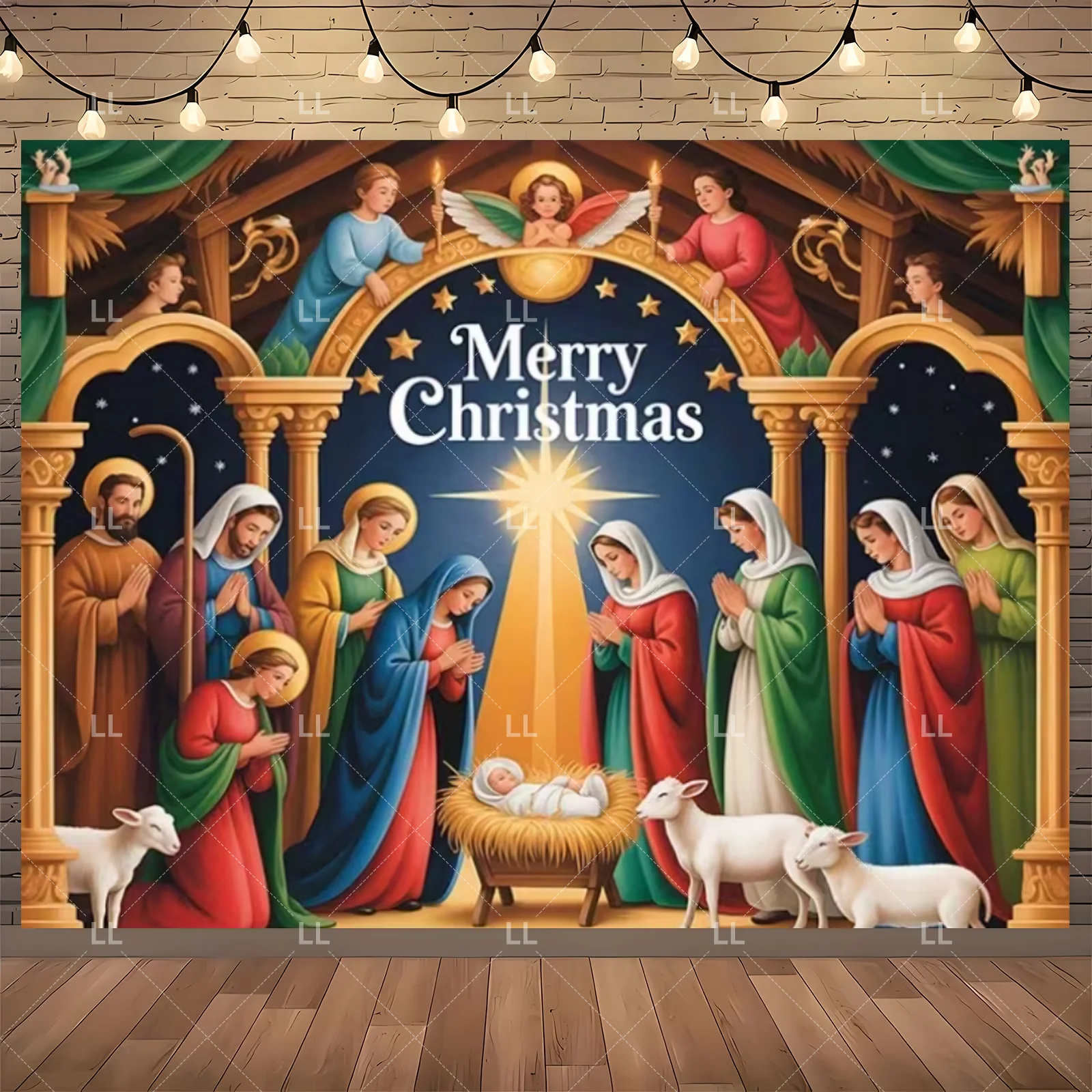 Starry Night Nativity Scene Backdrop - Traditional Christmas Party Decor and Photo Prop