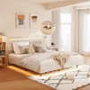 Wood Floating Bed with Hidden Storage Headboard, LED Light, USB Ports for Adult, Beige 2