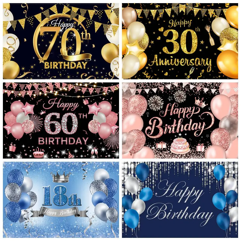 Photo Backdrop Adult Happy Birthday Party Decor Glitter Golden Balloon Wedding Customize