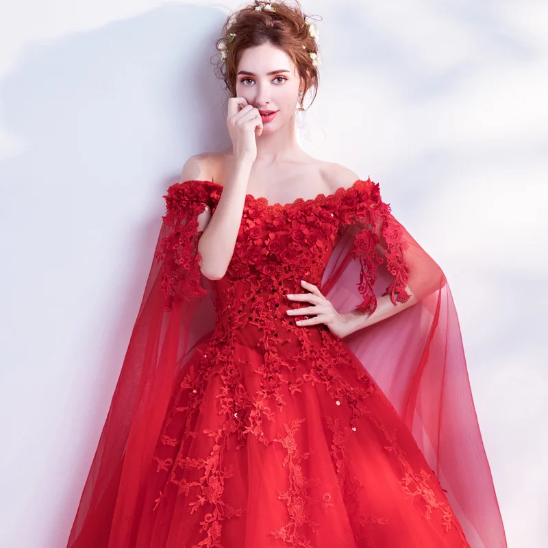 Lace Appliques Prom Dress Long Shawl Sleeves Princess Birthday Gown