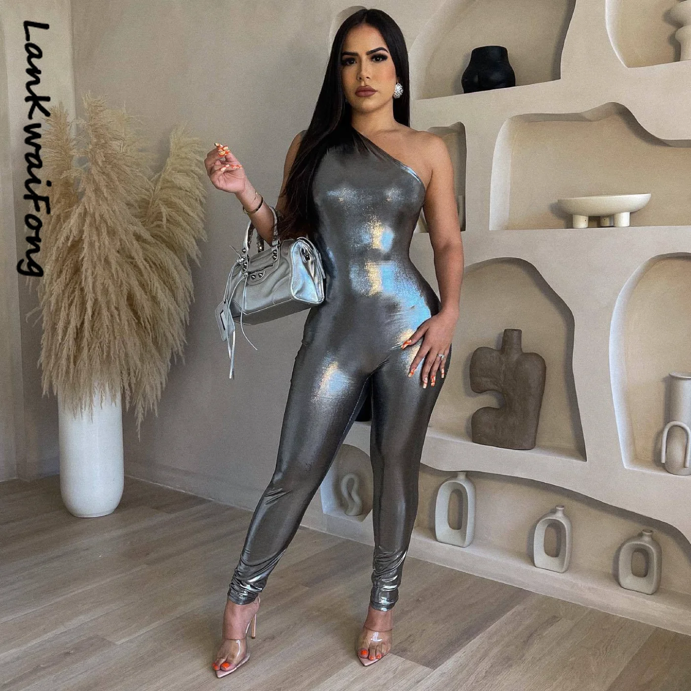 LKF Party Casual Women's Jumpsuit Metallic Color Sleeveless Tight Sexy Jumpsuit for Women