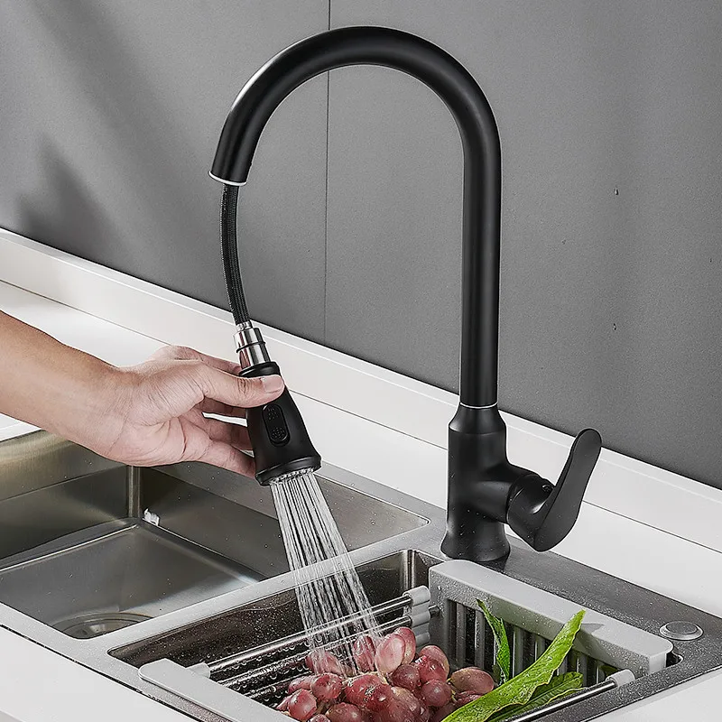 Black Kitchen Sink Faucets Hot & Cold Soild Brass Mixer Tap Pull Out Single Handle Deck 360 Degrees Rotating Chrome/Nickel New