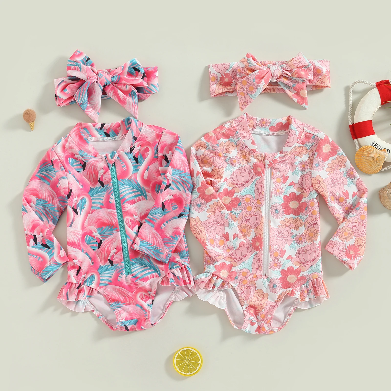 

Kids Girls Rash Guard Swimsuit Romper Flamingo/Flower Print Zipper Long Sleeve Ruffle Hem Sun Protection Bathing Suit Headwear