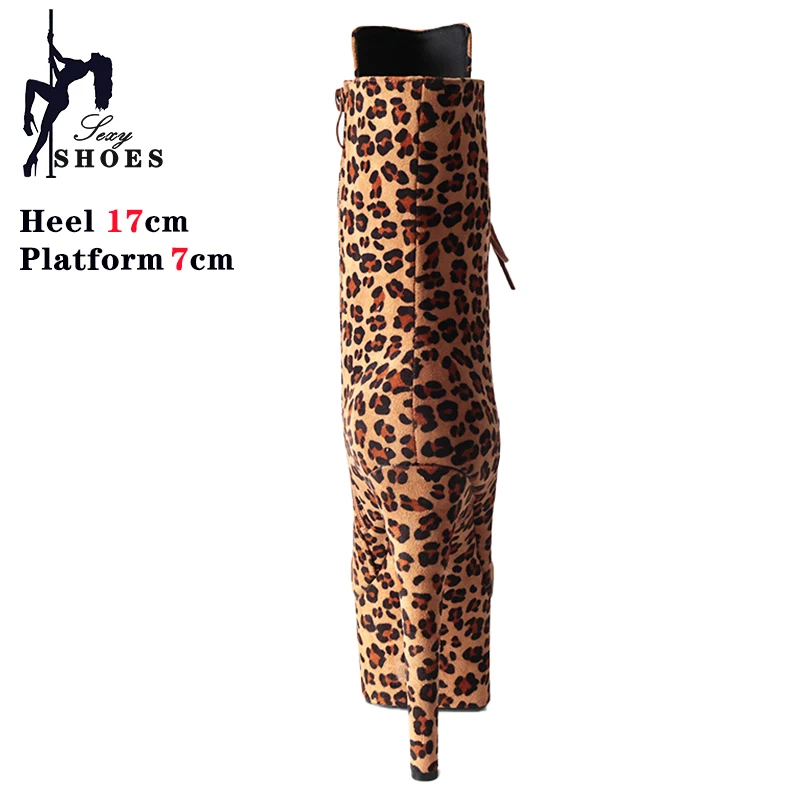New Sexy Leopard 17cm/7Inchs Super High Heels Pole Dancing Ankle Boots Laces Round Head Platform Stripper Party Heels For Women