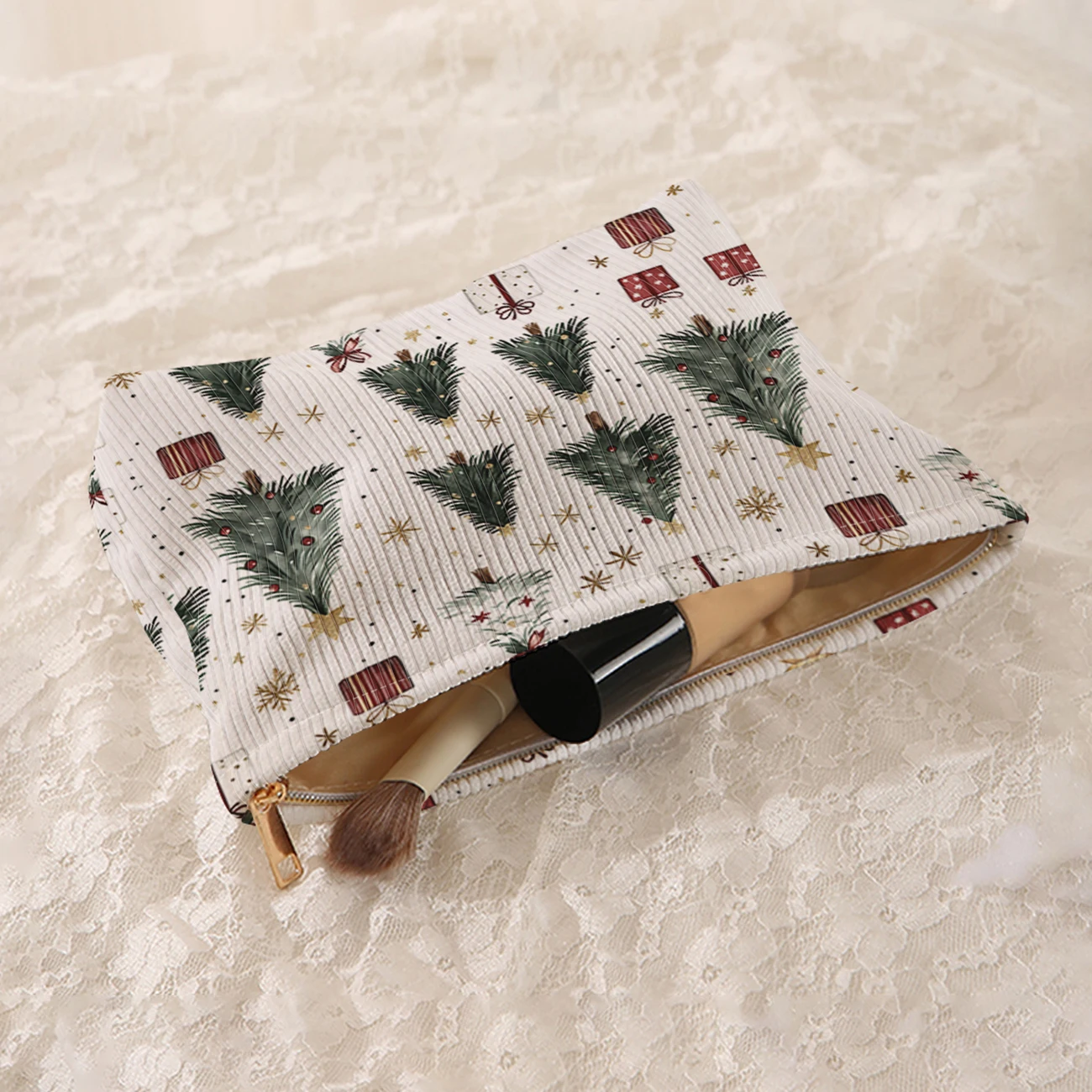 1 Christmas themed corduroy makeup bag, lightweight zipper makeup storage box, multifunctional bag with lining