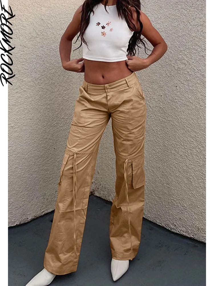 Pantaloni Cargo larghi Rockmore donna Jeans a vita bassa a gamba larga Y2K  Streetwear tasche con coulisse pantaloni in Denim Harajuku Casual 2022| | -  AliExpress