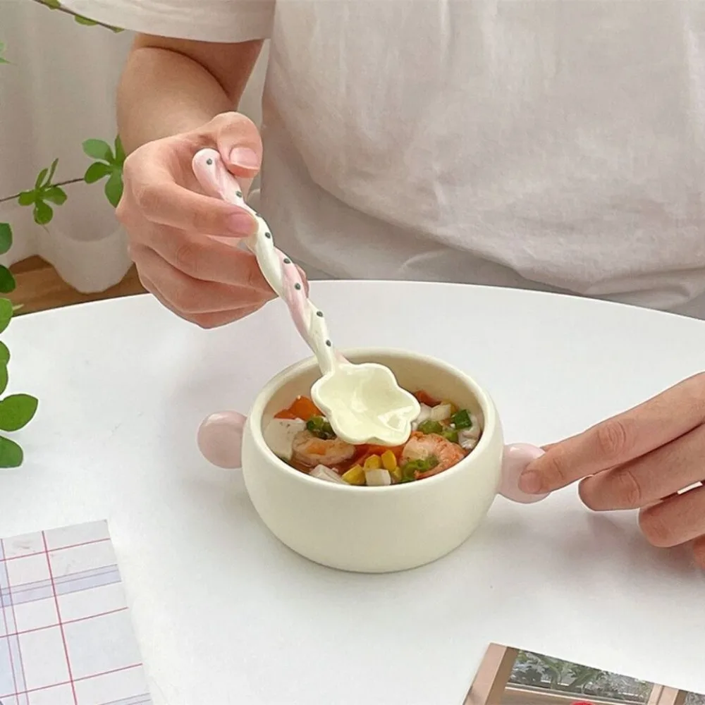 Ceramics Long Handled Spoon Instagram Style Household Stirring Spoon Hand Painted Flower Shaped Coffee porcelain spoon