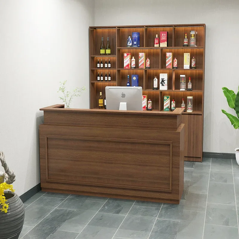Commercial Checkout Counter with Wine Cabinet, Chinese Vintage Reception Desk, Support Customization, Suitable for Restaurants