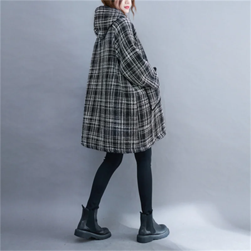 For Women's Autumn Winter 2022, The New Hooded Plaid Jacket is Added With Plush and Thickened Korean Loose Long-sleeved Cotton X