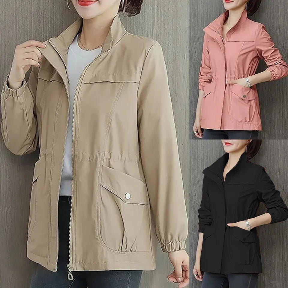 Fall Womens Windbreaker Jacket Slim Fit Long Sleeve Fashion Solid