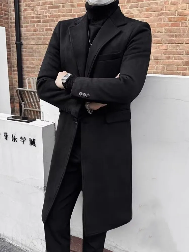 Winter Men Business Casual Slim Fit Padded Long Coat Warm Windbreakers Overcoat Single Breasted Fashion Office Mens Suede Trench