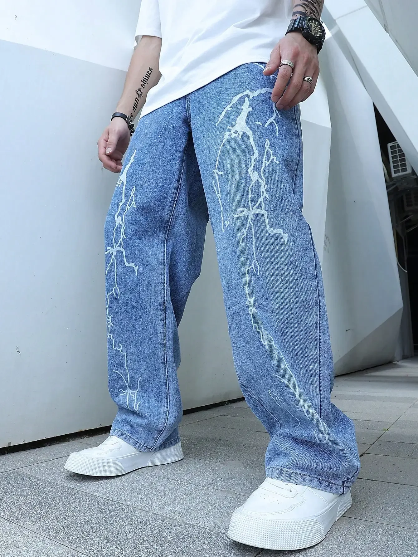Men Jeans Graffiti Printing Gradient Hip Hop Trousers Harem Cartoon Loose Casual Ankle Banded Cargo Denim
