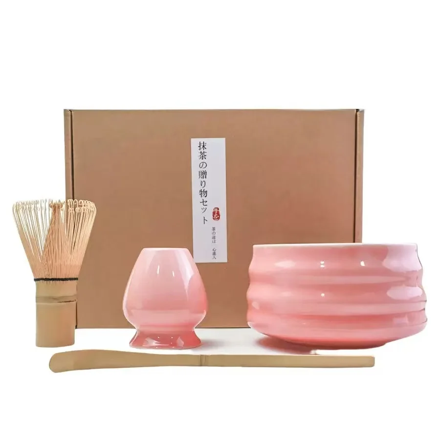 1/3/4/5pcs Japanese Ceramic Glossy Pink Matcha Bowl Macha Tea Whisk Chawan Chasen Holder Scoop Sifter Cup Ceremony Gift Set