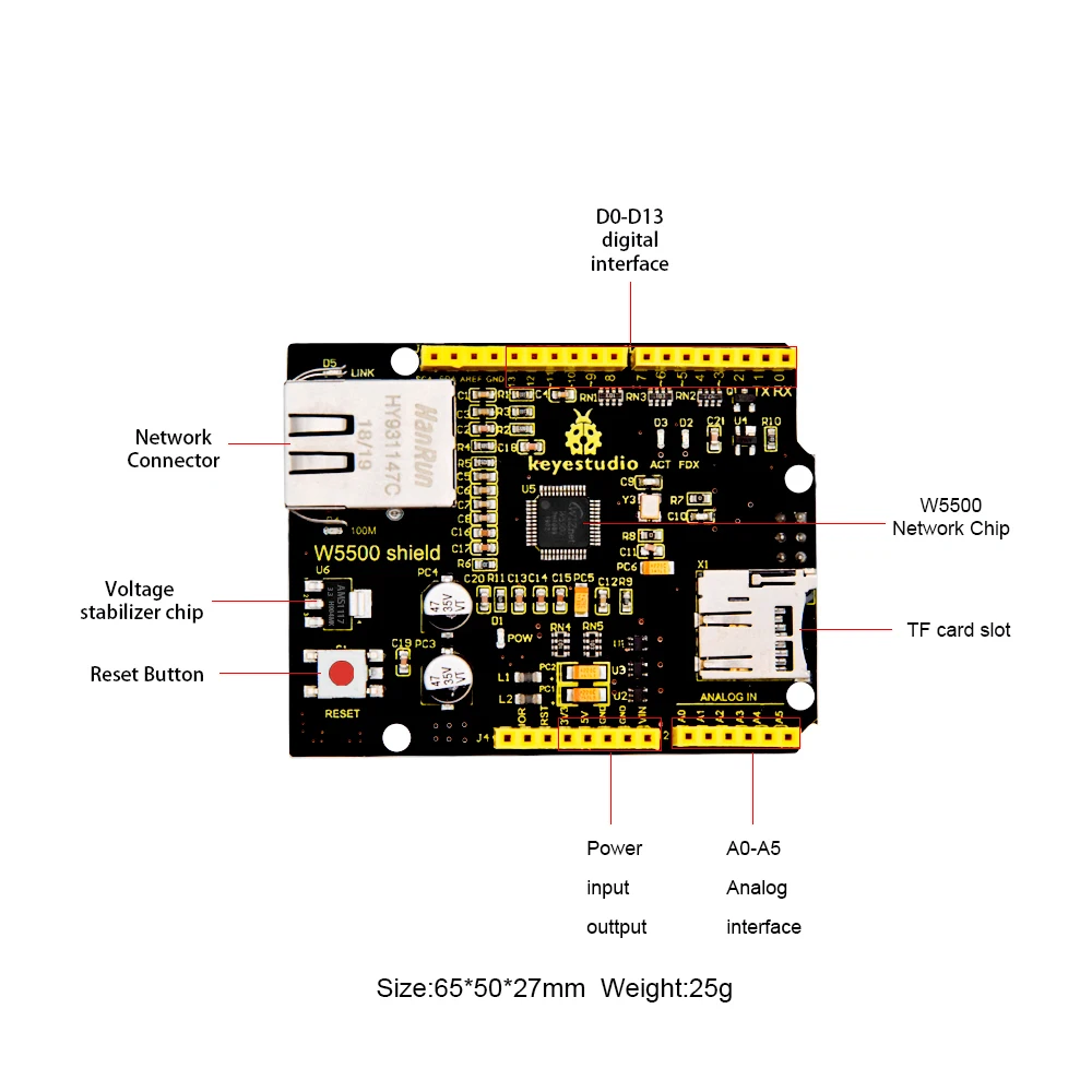 Keyestudio W5500 ETHERNET DEVELOPMENT BOARD DEVELOPMENT SHIELD For Arduino DIY Project  (WITHOUT POE)