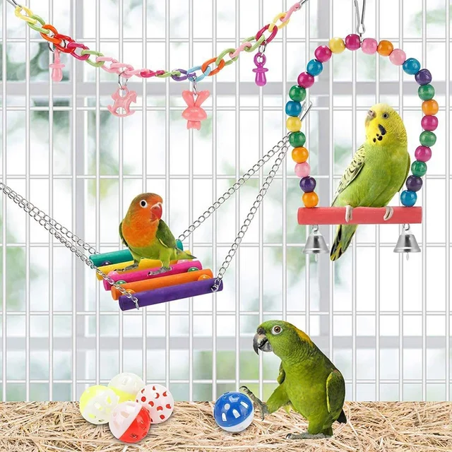 Bird Cage Toys for Parrots Wood Birds Swing Reliable Chewable Bite Bridge Wooden Beads Shape Parrot Toy 11pcs Bird Toys parrot 6