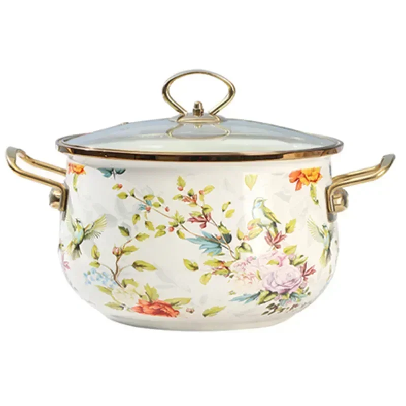 Arrived Enamel Cooker Bird Song Flower Fragrance Double Ear Stewing Pot Thick Soup Pan For Electric Stove And Gas