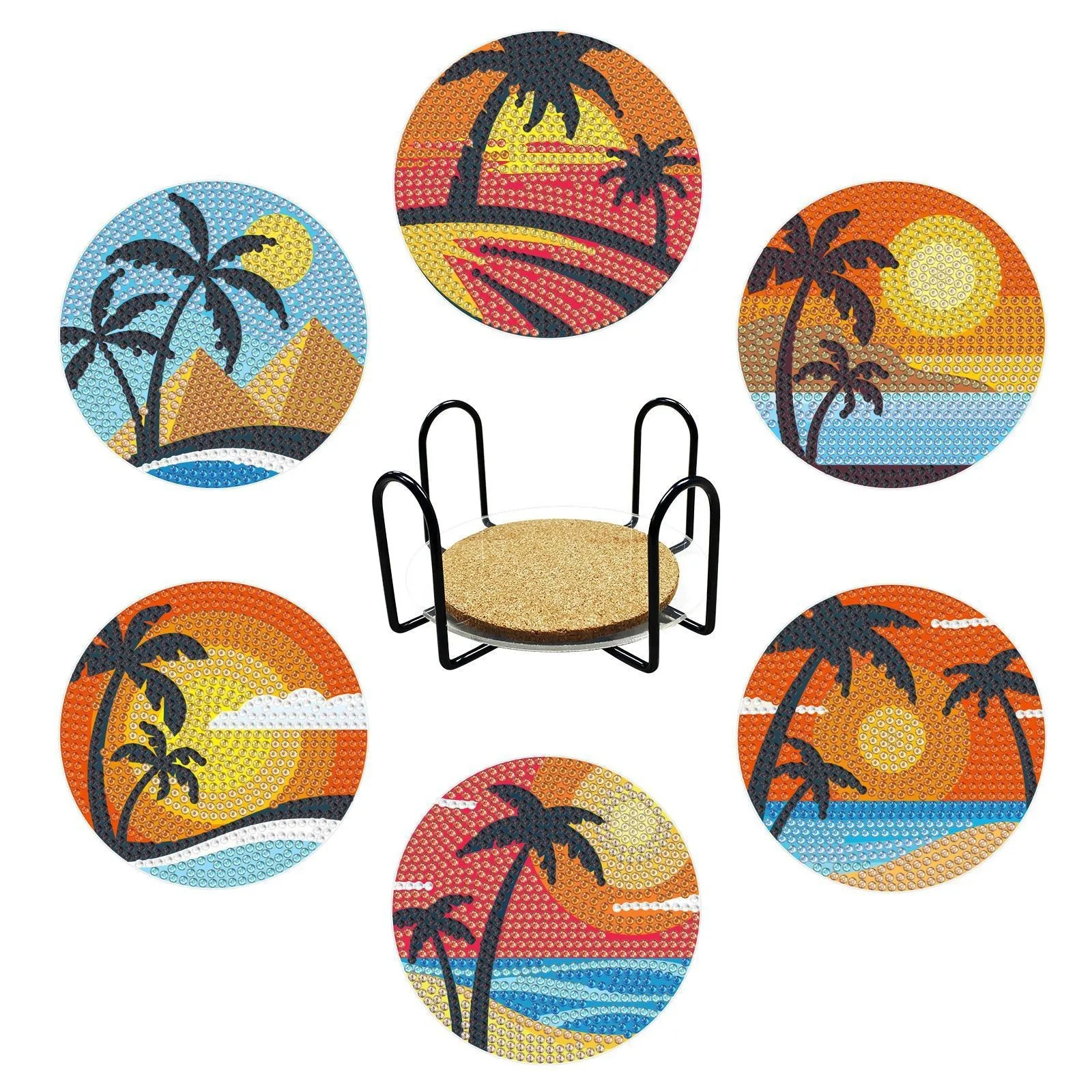 

GATYZTORY 6pc/Sets Diamond Painting Coasters With Holder Diamond Art Non Slip Coaster For Beginners Adults Kits Abstract Scenery