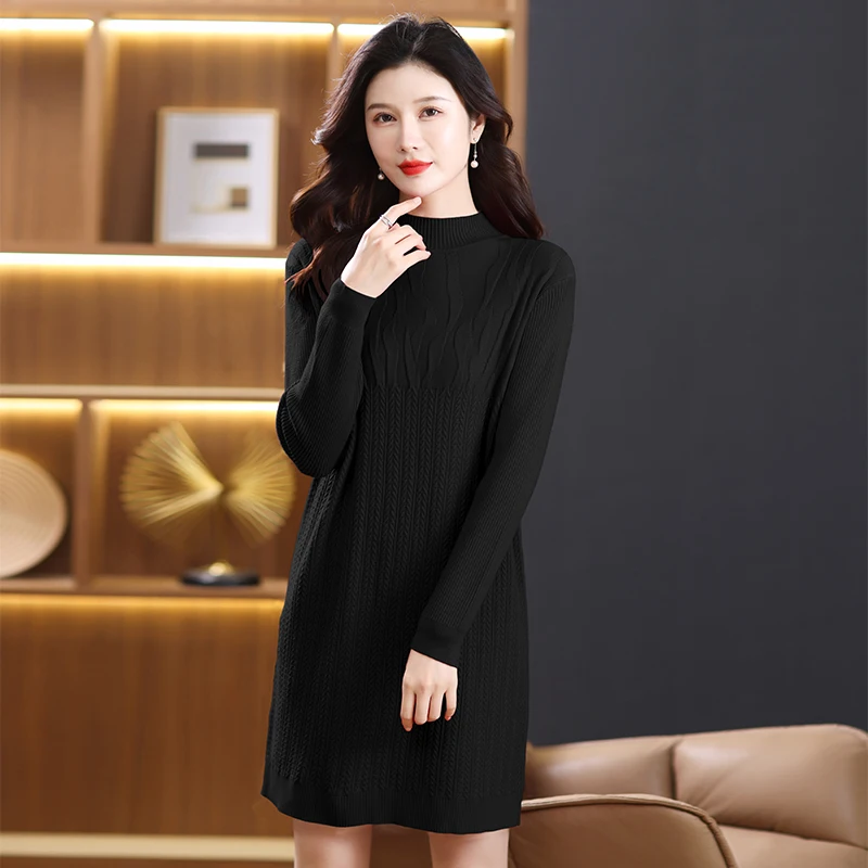 

Women Chic Classy Knitted Dresses Red Beige Black Coffee Color Crew Neck Knee Length Long Sleeve Soft Warm Knitwear One Piece