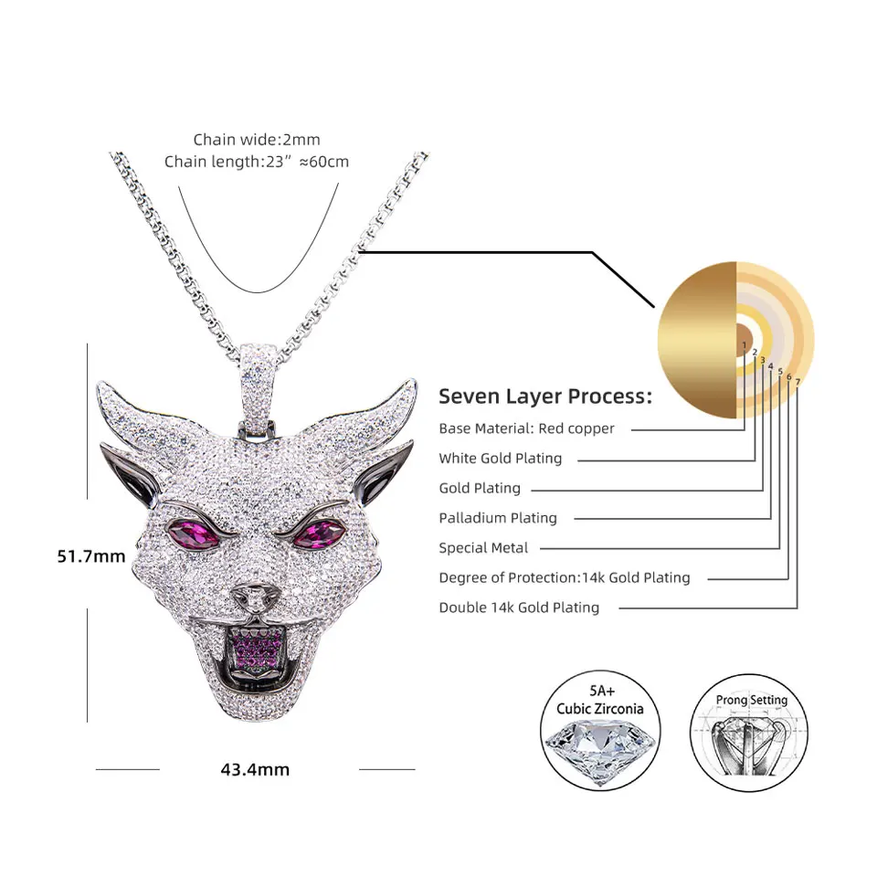 VANAXIN Iced Out Men's Hip Hop Wolf Head Pendant Animal Necklace CZ Zircon Rock Punk Rapper Black Gun Jewelry Gift 4