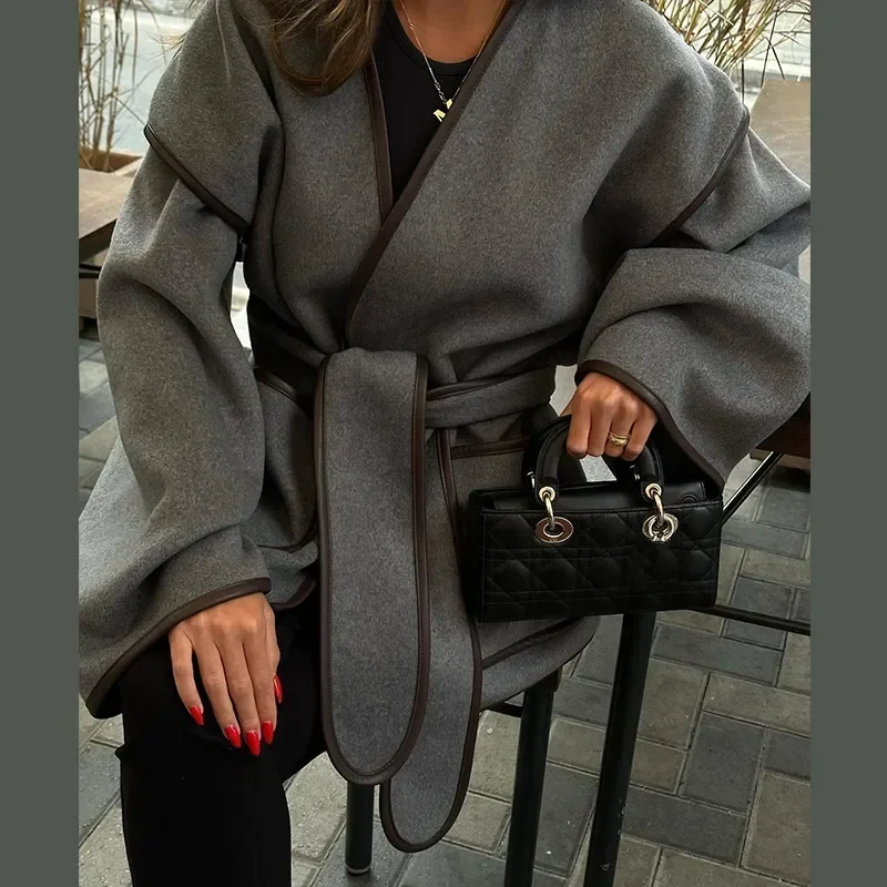 Elegant Patchwork Belt Women's Coats Women Contrast V-neck Long Sleeve Pocket Female Overcoats Autumn Lady New in Outwear