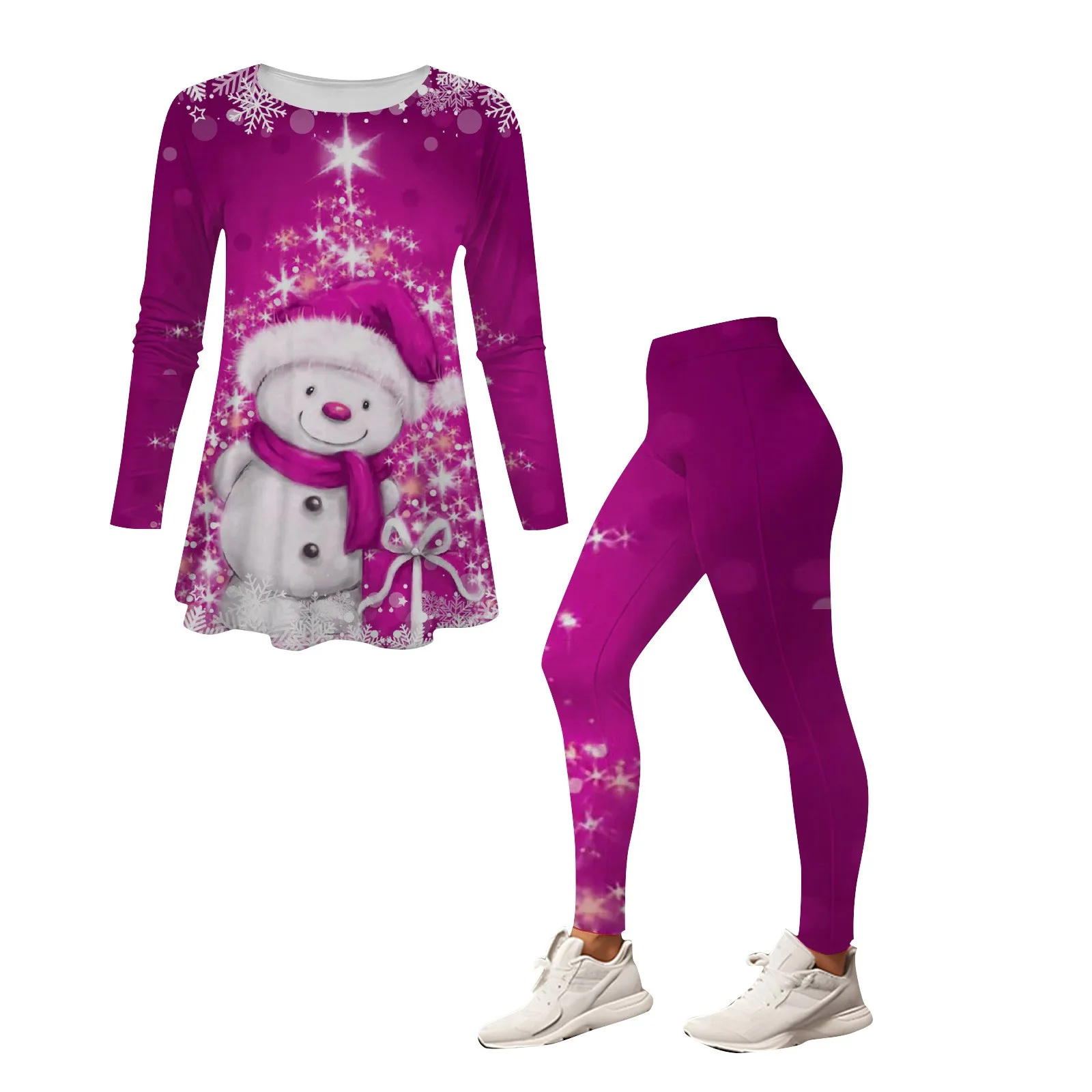 

Женские комплекты из 2 предметов с рождественским принтом, осенне-зимний Топ с длинным рукавом и длинные брюки, облегающие брюки, домашний костюм, комплект для йоги