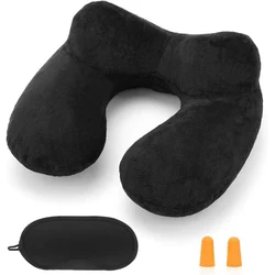 Luxurious Velvet Inflatable Travel Pillow with Carry Bag for Ultimate Neck Support (Black)