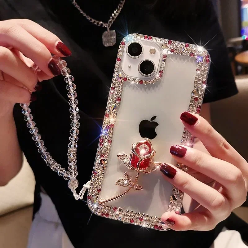 

Hot Glitter Rose Bling Diamond Phone Cases For iphone 15Pro 14Plus 13 Pro 12 Mini 11Pro MAX XSMAX XR 7 8 PLUS Rhinestone Cover