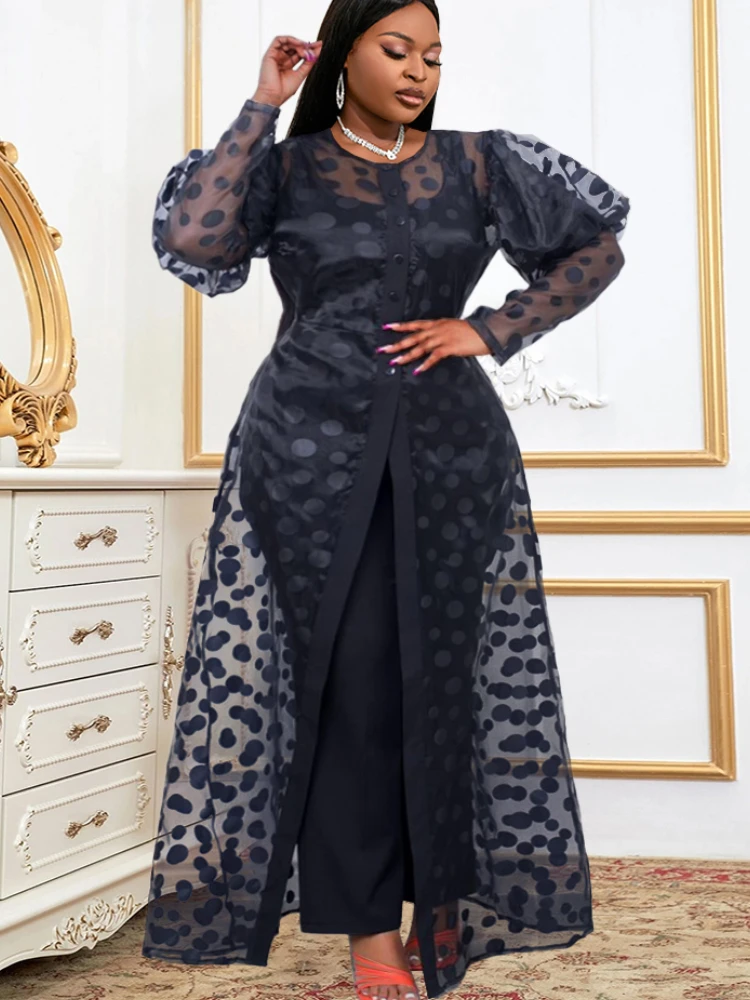 Plus Size Polka Dresses See Through Cover Black Organza Long Sleeves Robes Print Casual Club Street Wear Maxi Gown - AliExpress