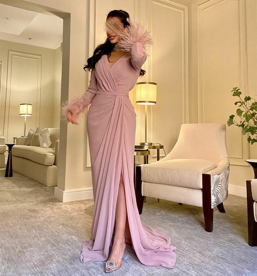 

Long Chiffon V-Neck Pink Evening Dresses فساتين السهرة A-Line Side Slit Pleated Sweep Train Prom Dress Robe de soirée for Women