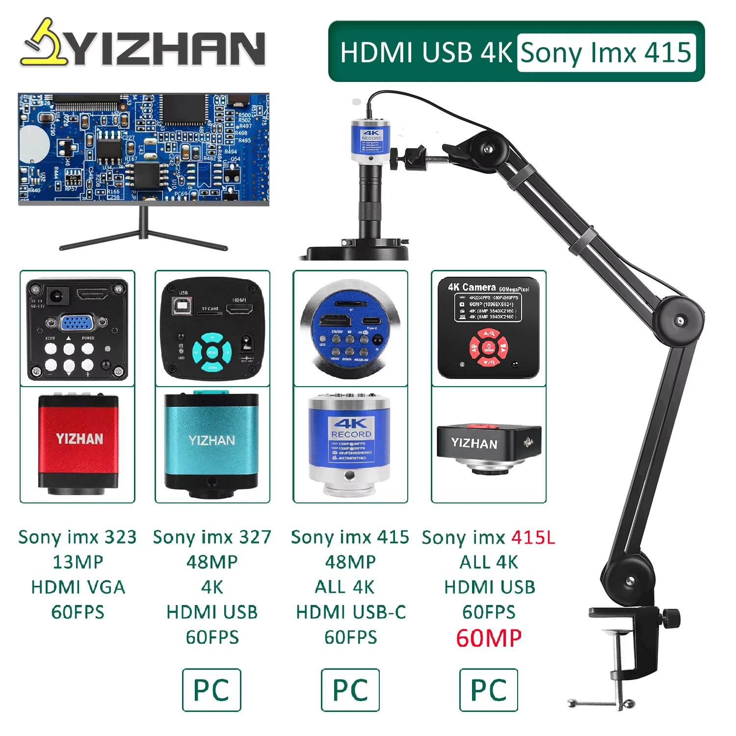 YIZHAN Full HD Digital Microscope Electronic 4K Soldering Microscope 60MP48MP HDMI VGA USB 150x Lens Upgraded Reinforced Bracket