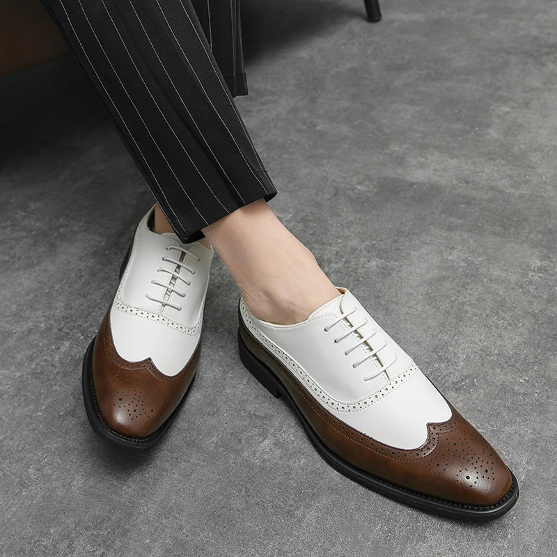 Men Wingtip Detail Dress Shoes Business Two Tone Oxford Shoes For Wedding party