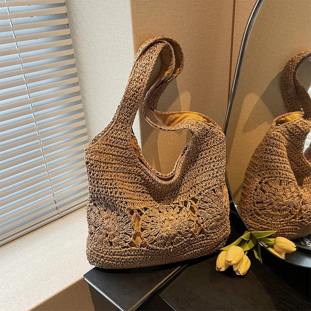 Large Summer Shoulder Bag with Zipper Woven Tote Bag Handbag Shoulder Purse for Women Travel Vacation