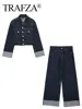 TRAFZA Women Vintage Denim Jacket Pant Sets Single Breasted Lapel Long Sleeve Coat Wide Leg Trousers Jeans High Street Outfits 4