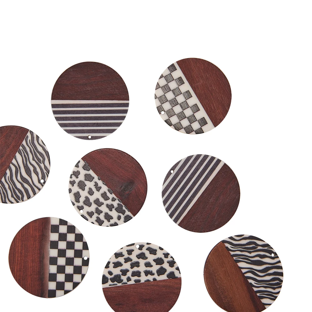 8Pcs Zebra Stripes Lattice Leopard Pattern Printed Resin & Wood Pendants Round Wooden Charms for Girl Jewelry Making Accessories
