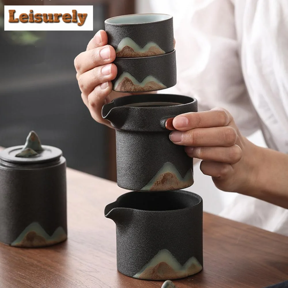 Japanese Hand-painted Mountain Tea Set Kit Vintage Coarse Pottery Set of Cups Teapot and Cups Tea Making Outdoor Portable Bags