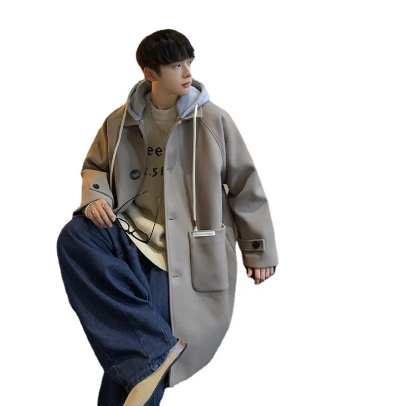 Korean Style Medium To Long Woolen Coat for Men Autumn Winter Loose Fake Two Pieces Hooded Windbreaker Jackets Y2k Men Clothing
