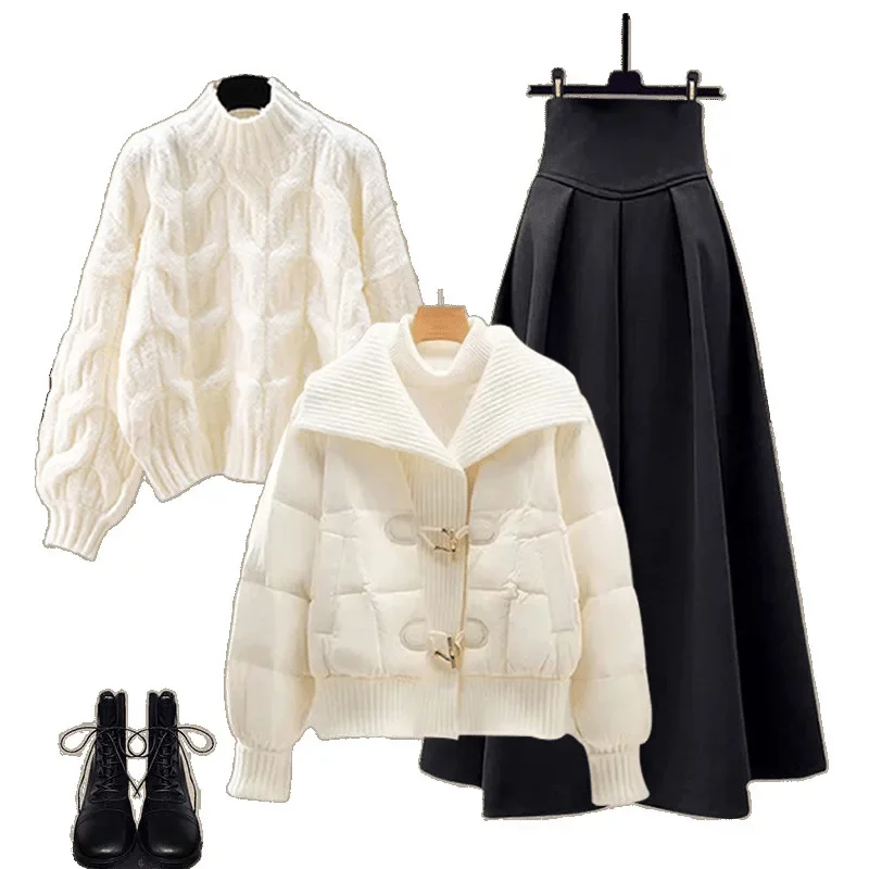 المرأة الخريف الشتاء القطن معطف سترة نصف تنورة مجم...