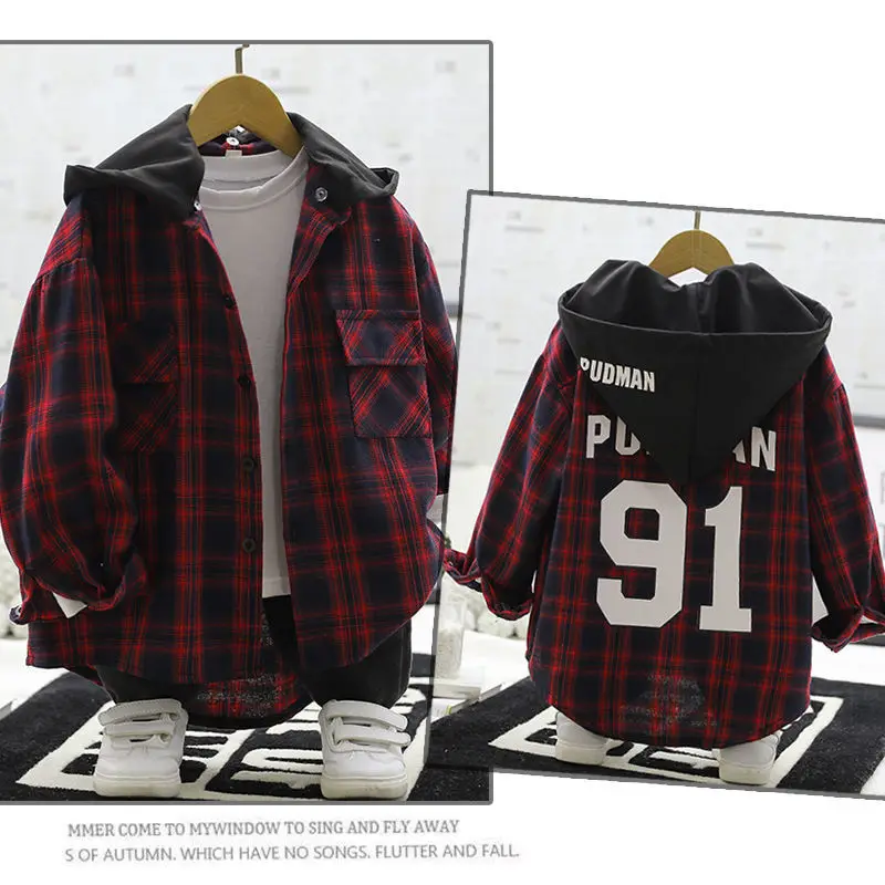 Boys' Plaid Shirt Spring and Autumn 2022 New Children Loose Long Sleeve Shirt Medium and Big Children Handsome Hooded Coat