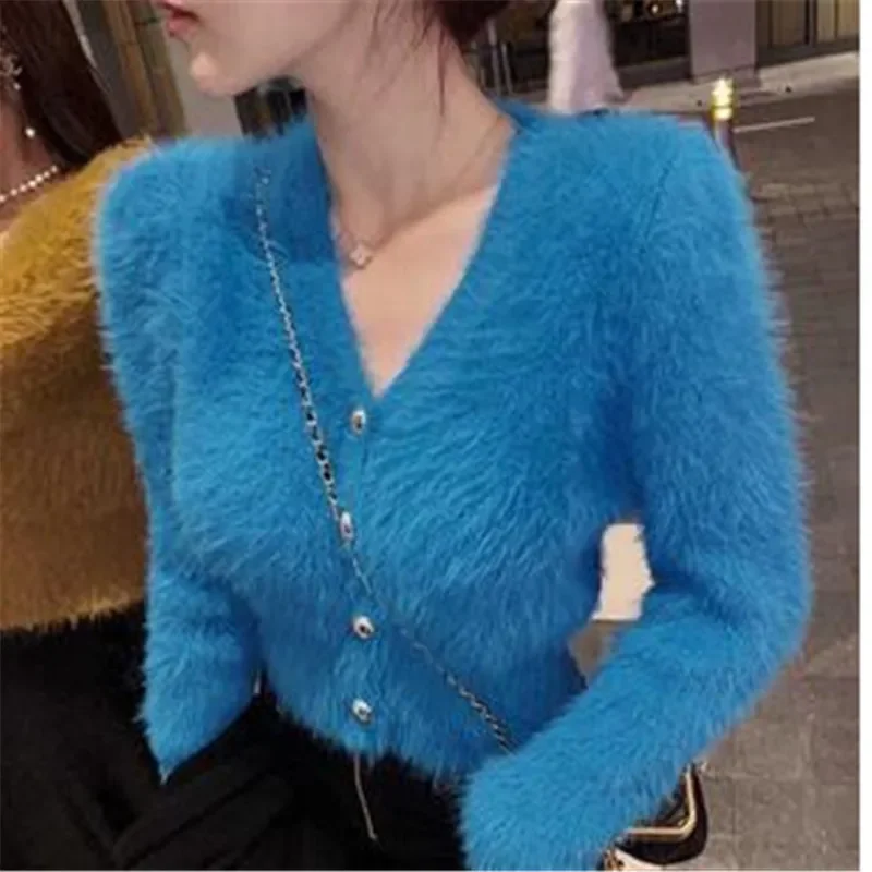 

V Neck Cropped White Mohair Knitted Cardigan Retro Casual Lazy Oversized Sueters Sweaters for Women Solid Fur Clothes Jacket