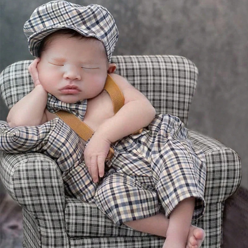 Ylsteed 4 Pieces Set Newborn Props Plaid Outfit for Photoshoot Baby Boy