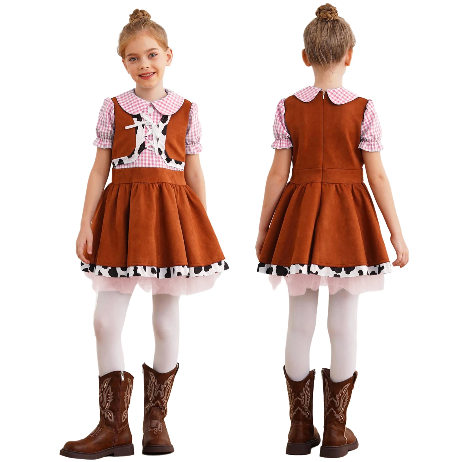 Kids Girls Western Cowboy Cowgirl Costume Puff Sleeve Cow Print Gingham Dress with Bandana Hat Halloween Party Cosplay Outfit