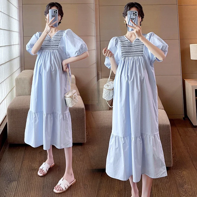임산부용 전국 패치워크 코튼 임산부 롱 드레스, 2024 여름 한국 패션, 느슨한 스트레이트 의류