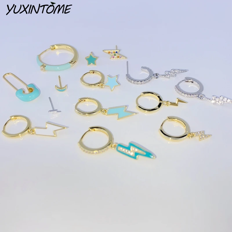 925 순수 실버 바늘 러블리 스타/번개 펜던트 골드 귀걸이 컬러 에나멜 18mm 후프 귀걸이 여성을위한 패션 쥬얼리