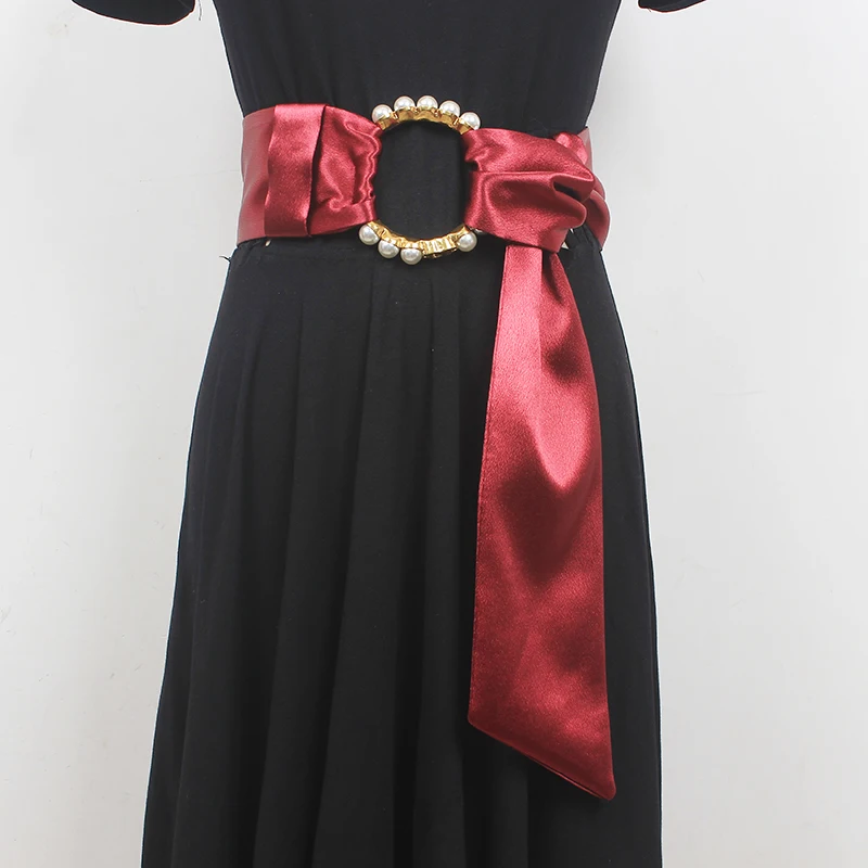 

Pearl RIng Buckle Waist Belts for Women Long Satin Fabric Self-tie Waistband Bow Cinturones Waist Belt Strap Ceinture Pour Femme