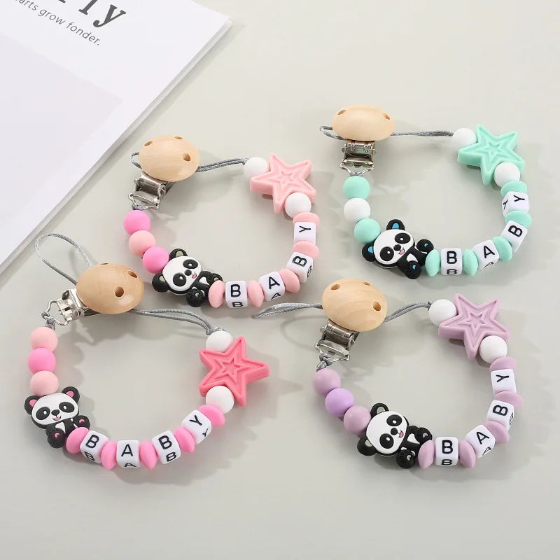NEW Custom Personalized Name Pacifier Clip Handmade Panda Chain Silicone Star Holder Soother Baby Teething Toy Chew Gift
